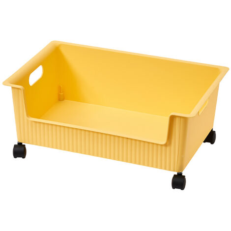 Boîte de rangement plastique mobile multiusage - Carton livres et sacs avec roulettes, grande capacité, idéale pour classe/dormitory, dimensions 38x28x15cm, couleur jaune, matière plastique résistante
