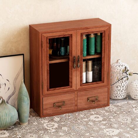 Meuble de Rangement Bureau Bois Clair Deux Portes Étagères Vintage Casier Cosmétiques Bijoux Style Rustique Ébénisterie Manuelle (1/5)
