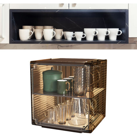 Organisateur de Tasses Transparent, Rangement Cabinet Étagère Empilable Anti-Poussière pour Bureau ou Salon, Lot 1 Boîte Plastique Claire Moyenne Noir (1/5)