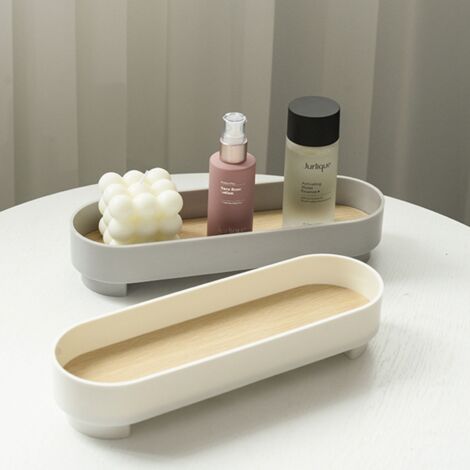 Plateau Long Arc Ovale Élégant Multifonctionnel Blanc - Plateau Servir & Organiser ABS et Bois pour Cosmétic et Maison - 27.5cm x 8.6cm (1/5)
