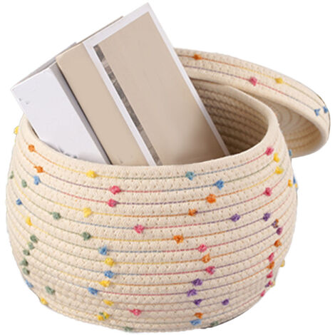 Panier de rangement rond en corde de coton avec lid - Grande capacité, motifs décoratifs colorés pour linge, jouets et petits objets (1/5)