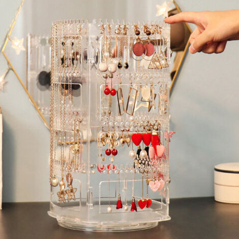 Organisateur de Bijoux Rotatif en Plastique - Présentoir pour Boucles d'Oreilles, Colliers et Accessoires - 4 Plateaux avec Base Durable - Multifonction et Portable