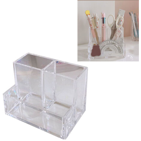 Organisateur de Stylo en Acrylic 3 Compartments pour Bureau avec Base Épaisse et Transparence (1/5)