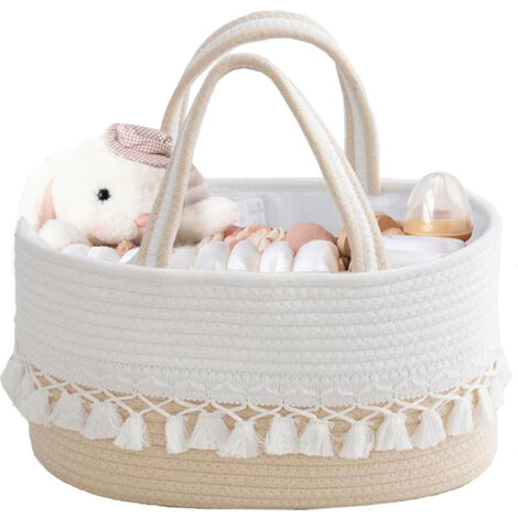 [Panier de rangement] [36x22x18cm ovale] Panier à langer panier de jouets panier de rangement à compartiment pour enfants portable avec franges détachable réversible bricolage couleur clair/lait (1/5)