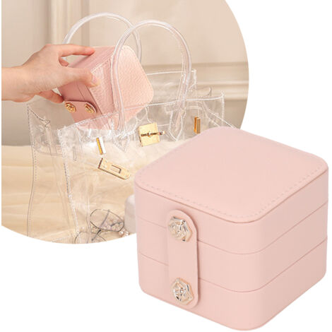 Boîte bijoux portable en cuir PU multilayer Rose pour voyage - Organiseur de bijoux, bracelet, collier, bague (1/5)