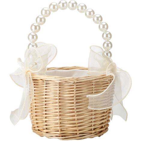 Panier Vintage Mariage Classique Portable avec Perles & Satin pour Fleurs Porte-Bijoux Cérémonie Naturel Rattan 21x15cm (1/5)