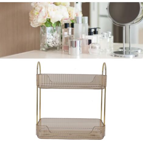 [Organisateur de maquillage] Double étage élégant en métal et PP Amber Yellow, capacités multiples pour accessoires, cosmétiques et bijoux (1/5)