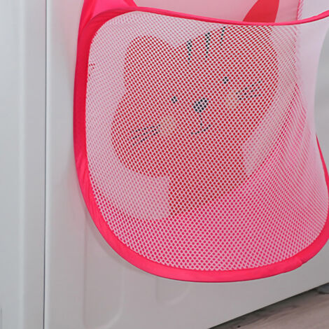 Sac à linge [Sakella] Folding Hamper Grand capacity 30x40cm en nylon lavable et respirant rose chat pour salle de bain avec crochet (1/5)