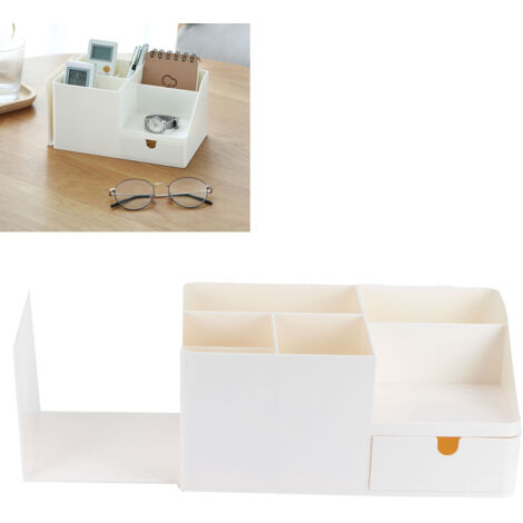 Boîte de rangement bureau avec compartiments, support livre et organiseur télécommande - PP beige - 28x15.6x12cm (1/5)