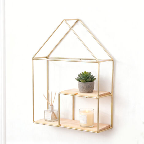 [Étagère Murale] + Étagère Murale Double Élégante en Bois et Fer doré pour Salon Cuisine Salle de Bain Support Rangement Rustique (1/5)