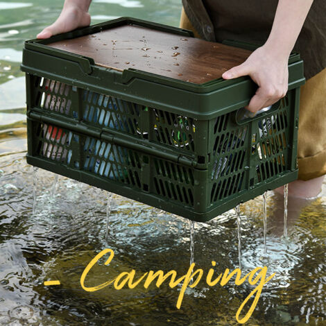 Panier de Camping Polyvalent avec Plateau en Bois - Panier de Stockage Camping, Picnic, Large Capacité, Imperméable et Pliable, Modèle S Vert