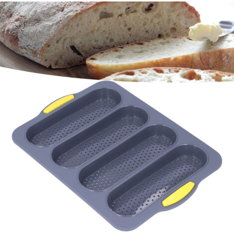 [Matériel de cuisine] Moule à baguettes silicone 4 rainures, surface lisse et douce, pour pain, avec poignée isolante, taille 33.4x23.5x2.5cm, couleur gris clair (1/5)