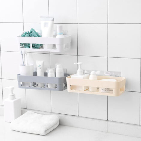 Panier de rangement mural adhésif pour salle de bain, matériau plastique durable, 26x10x6cm, coloris beige, installation sans perforation, drainage rapide, 1 unité incluse. (1/2)