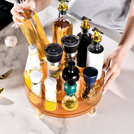 Plateau Tournant Rotatif en Plastique Transparent 28cm, Plateau Organisateur Rotatif avec Rebord Anti-Succion pour Cosméticos et Condiments en Amber Gold
