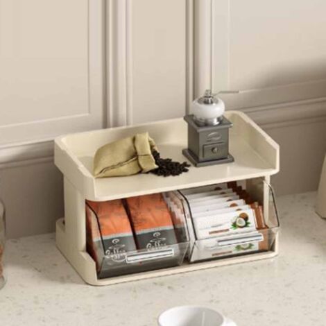 Organisateur de Tiroir de Bureau Moderne: Rack de Stockage Multifonctionnel pour Sachets de Thé, Capsules de Café et Tasses - Design Japonais, 2 Étages, Plastique Durable, Dimensions 30x17x16.5cm (1/5)