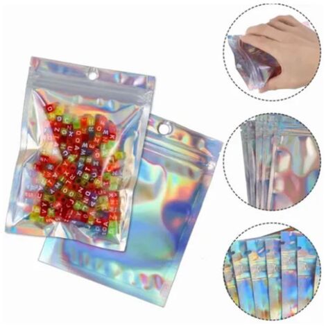 Sachet de cellophane holographique autocollant - 100 pièces 9x12cm avec fermeture zip iridescente pour stockage de bonbons et bijoux (1/5)
