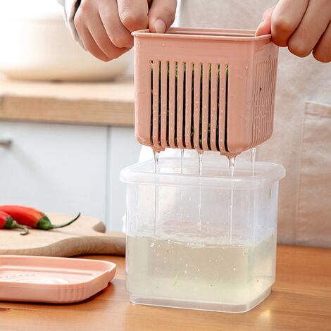 Boîte de Conservation Fraîcheur Double Couche pour Légumes - Conteneur avec Panier Drainant pour Oignons, Gingembre, Ail - 660ml Plastique Transparent Rose 11x8.5x9.5cm (1/5)