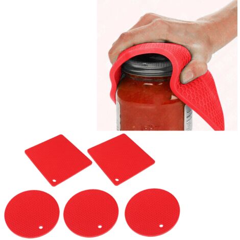 Tapis silicone anti-dérapant et résistant à la chaleur - Pack de 5 (3 rond 185mm, 2 carré 180mm) - Support pour casseroles et cocottes - Rouge (1/5)