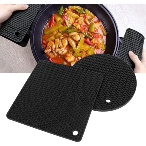 Set de 5 Coussinets en Silicone Alvéolés - 2 Ronds et 3 Carrés - Tapis Antidérapants Résistants à la Chaleur pour Table et Cuisine Noir (1/5)
