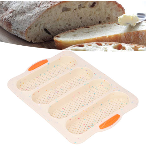 Moule à Baguettes Silicone Alimentaire 4 Grooves avec Manche et Trou d'Aération (33.4x23.5x2.5cm) Beige (1/5)
