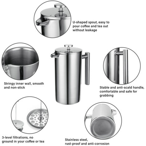 Cafetière à piston français en acier inoxydable 304 isothermique 800ML avec 3 filtres, poignée anti-échaudure, anti-fuite et facile à nettoyer. (1/5)