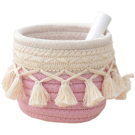 [Corbeille] Mano ["Ande"] 【Modèle Vintage】 Panier à corde de coton avec franges design pour le rangement et décoration intérieure, coloris rose, format bureau. (1/5)
