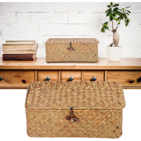 Panier Rectangulaire de Rangement en Fibre Marine Naturelle avec Couvercle - Organisateur de Bureau, Boîte en Vannerie (1/5)