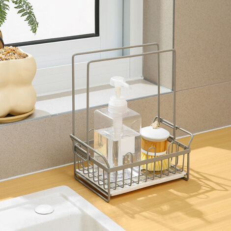 Égouttoir à Sponges et Torchons Organisateur Sink Faucet Sponge Holder avec Bac de Drainage pour Cuisine Gris (1/5)