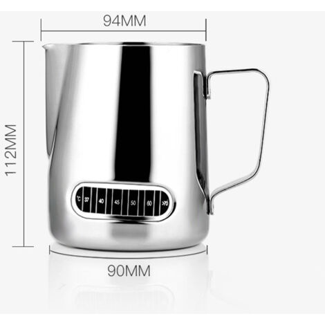 Pitcher à lait pour espresso et cafés barista avec thermomètre intégré, réservoir de 600ml en acier inoxydable 304, design ergonomique pour latte art et pose stable. (1/5)