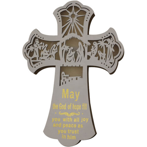[Décor mural lumineux] Objet de décoration creusé et lumineux en bois, croix de Pâques en bois, modèle 36.5x25.5cm blanc avec ficelle d'accroche (1 pièce) (1/5)