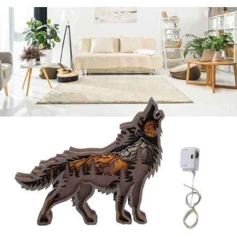 Statue de Loup Bois Sculpture Multilayer Intérieur Lumineuse Decoration Intérieure Guirlande LED Sculpture Bois Animal Home Déco (1/5)