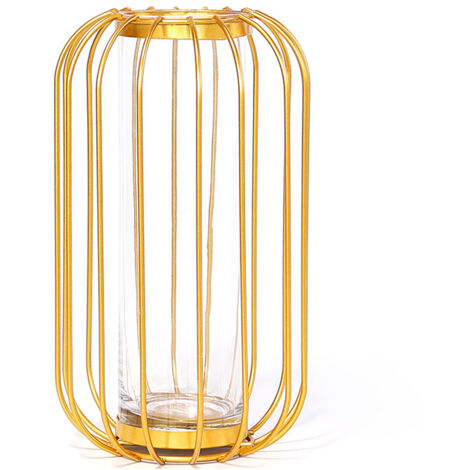 Vase de table doré Lantern avec cadre métal pour arrangement floral - 26x14x14cm - Tubes de verre et structure métallique robuste