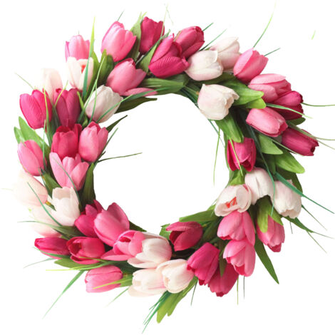 Couronne artificielle florale décorative pour porte d'entrée - Cerceau rattan 40cm - Fleurs roses en tissu pour printemps/été - Décoration intérieur/extérieur (1/5)