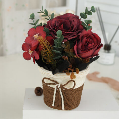 Fleurs Artificielle Potée - Bouquet de Roses Miniatures Thé Authentique Toucher, Panier en Rotin, 9×9×15cm, Rouge, Plante Éternelle Déco Maison Bureau (1/5)