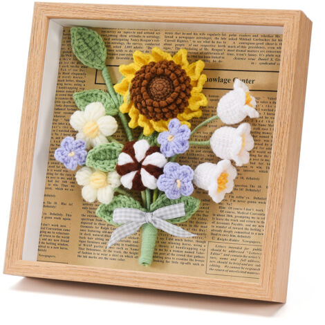 Cadre Photo avec Fleurs Crochetées Main - Cadre pour Photos et Bouquet Artificiel à Suspendre ou Poser en Bois et Fil à Coudre Multicolore