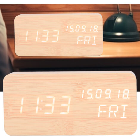 Réveil Digital LED avec Contrôle Vocal et 3 niveaux de Lumière en Bois ABS pour Bureau et Salon (1/5)