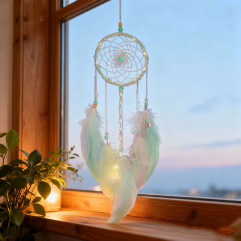 Attrape-Rêves Lumineux LED - Décoration Murale à Plumes Naturelles Tissées Artisanalement pour Salon - 55cm (1/5)