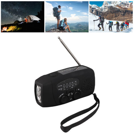 Radio d'urgence multifonction avec charge solaire/manuelle, lumière LED et batterie 1200mAh ABS 12.8x6x4.5cm Noir Europe (1/5)