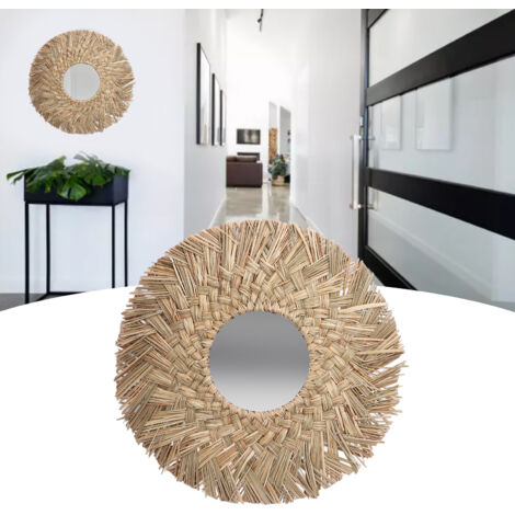 [Miroir décoratif] ManoMiroir circulaire en tissage de paille avec miroir acrylique, ø40cm, ø14cm intérieur, style nordique naturel.