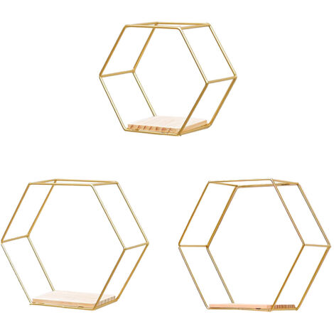 Étagère Murale Hexagonale Vintage • 3 Pièces en Bois et Fer • Noir/Gold • Dimensions S/M/L • Design Flottant et Éco-responsable pour Décor d'Intérieur Moderne (1/5)