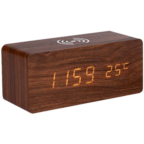 Réveil Bois Digitale LED 10W Chargement Wireless Détails Date Temp 3 Alarmes Modifications Flexible Brown Lot 16.8x7.5x7.2cm (1/5)