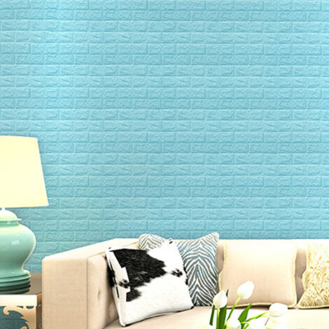 【Décoration murale 3D】 Adhésifs imitation brique XPE imperméable anti-collision DIY 70x77cm Bleu clair Lot de 1 (1/5)