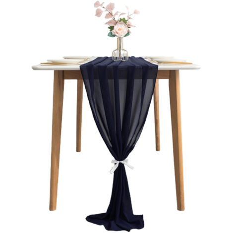Nappe de table moderne en chiffon bleu foncé (70x300cm) avec attaches blanches pour décor de banquet (1/5)
