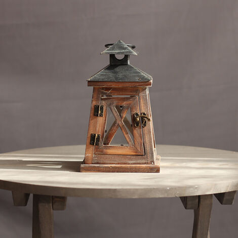Lanterne de bois décorative vintage avec chandelier en verre - Candle Holder type B 12x12x21cm Bois solide 1pc Windproof - Lumière romantique pour décoration d'intérieur, mariage ou cadeau (1/5)