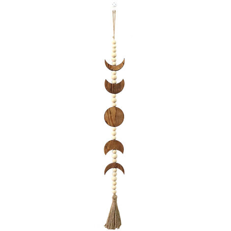 Décoration Murale Phases de Lune avec Perles Bois et Franges - Déco Boho Rustique pour Salon, Chambre, Bureau - Taille 75x7cm - Naturel (1/5)