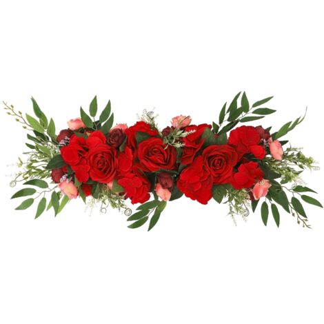 Guirlande Florale Artificielle en Roses Rouges pour Décoration Murale Porte d'Entrée Mariage Arches Tables Centrepieces Maison - Assemblage Main en Plastique et Taille 65x16cm 150g (1/5)