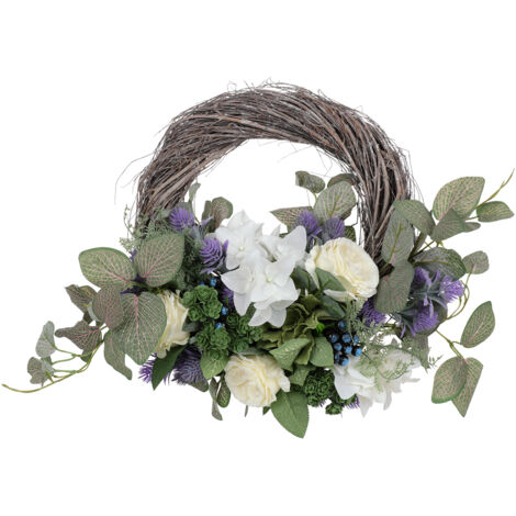 Couronne florale artificielle en tissu de soie et rotin avec roses, lavande et eucalyptus (48cm/19'' diamètre) - Décor mural élégant sans maintenance - Paquet: 1 couronne (1/5)