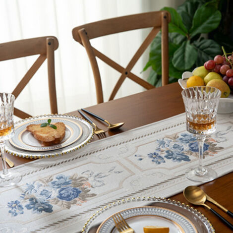 Nappe décorative avec tassels floral en chenille blanc 32 x 180cm - Pliable, facile à laver, couverture pour table maison et hotel (1/5)