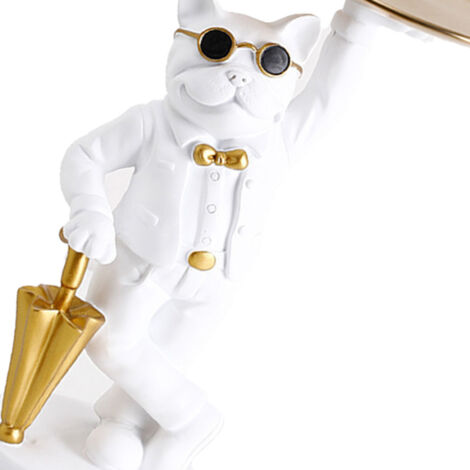[statue de bulldog][Resin] [tray] Figurine de bulldog blanc résine synthétique fabriquée pour décoration du porche avec plateau de rangement à main pour clés et accessoires de bureau. (1/5)