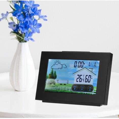 Montre météo avec écran tactile couleur - Thermomètre hygromètre intérieur/extérieur avec backlight et prévisions météo - ABS 15x9.5x4cm - Sensor extérieur inclus (1/5)
